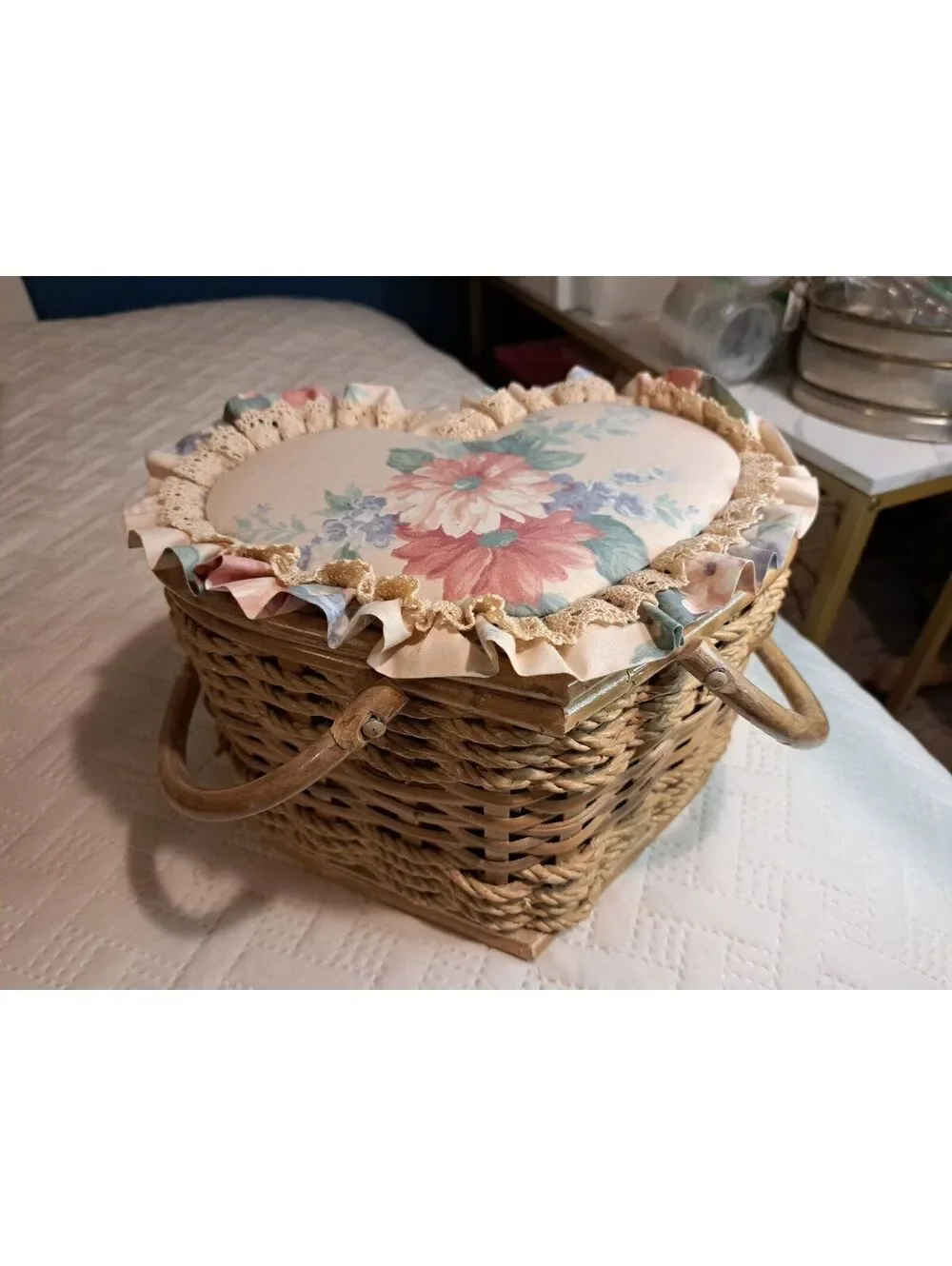 Vintage Heart-Shaped Wicker Storage Basket w Padded Floral Fabric & Lace Top
